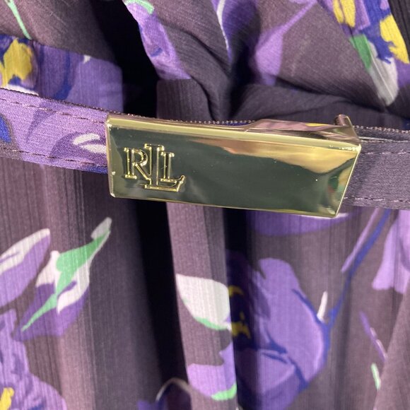 Lauren Ralph Lauren Georgette Flutter Sleeve Gown 16 Brown Purple Belt NWT - Picture 8 of 12